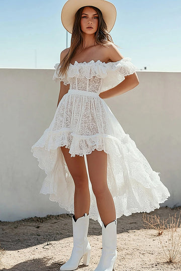 Lace Off the Shoulder White A Line High-Low Graduation Dress